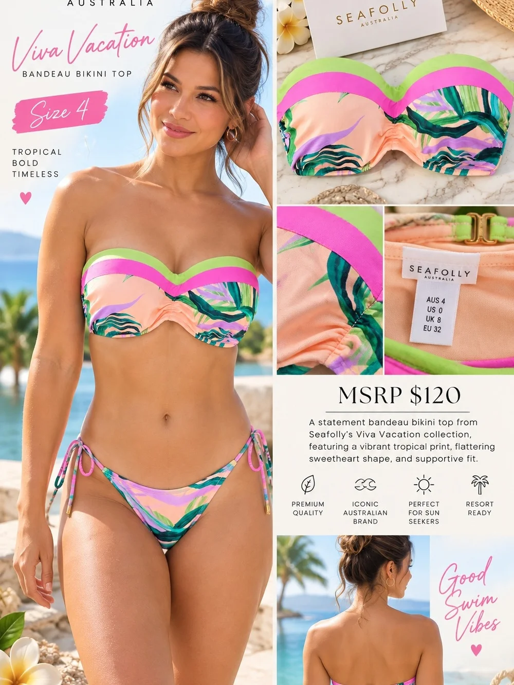 Seafolly Viva Vacation Bandeau Bikini Top - Peach & Pink Tropical Print